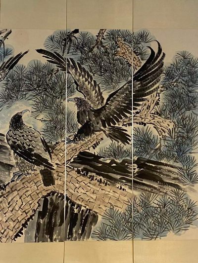 徐悲鸿纸本松鹰图八条屏通景 徐悲鸿纸本松鹰图八条屏通景