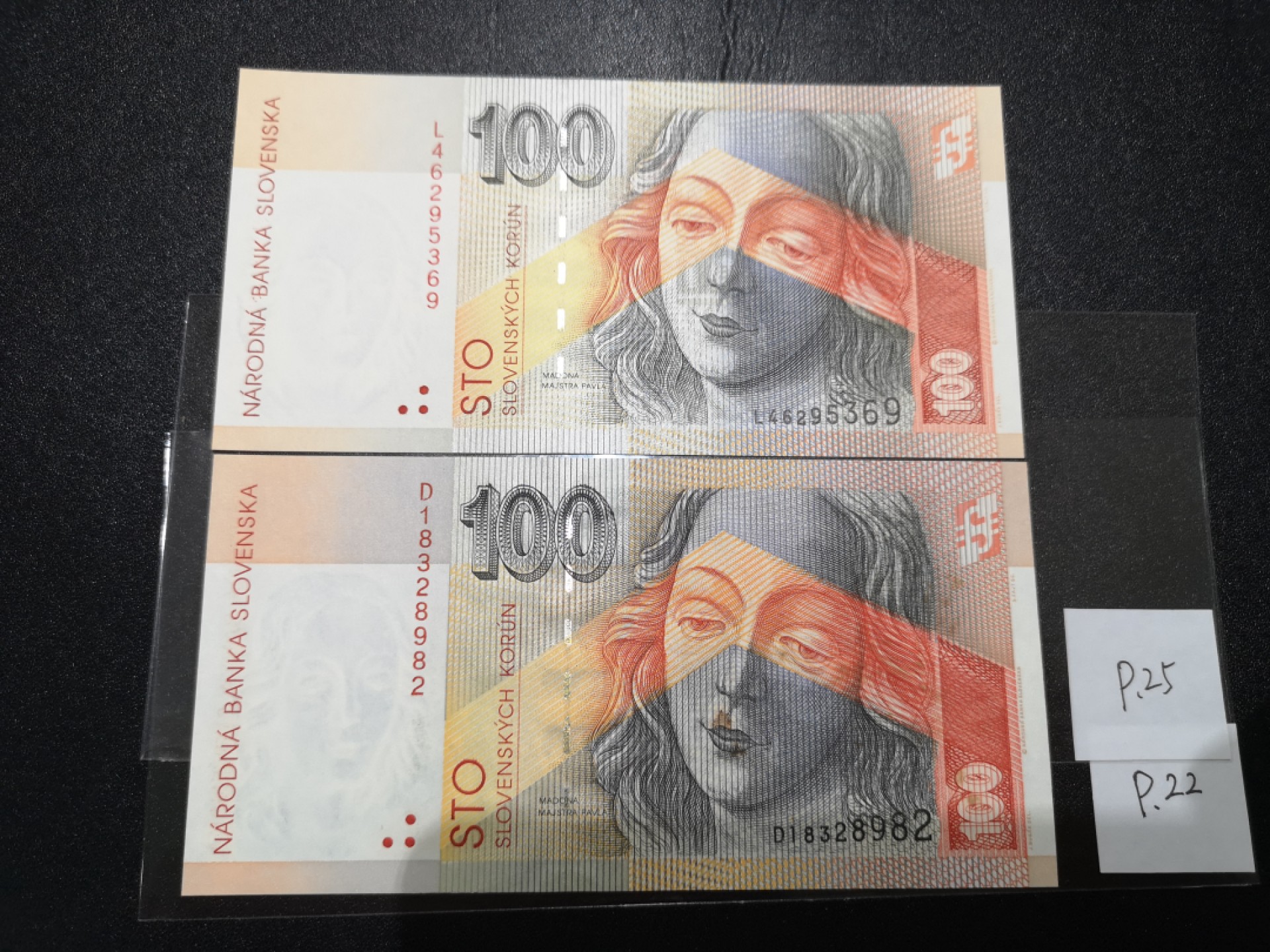 《外钞收藏家》第二百零七期（东欧三国裸钞专场） 斯洛伐克-1993年100克朗 托马斯·德纳罗有限公司版，唯一冠D和1999年100 克朗 德纳罗版，唯一冠L 全新两张