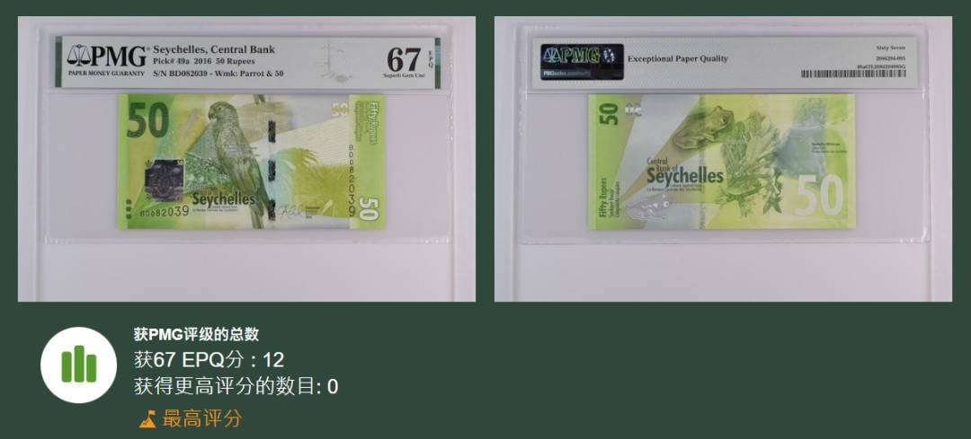 《张总收藏》75期——外币荟萃 塞舌尔50卢比PMG67E冠军分 2016年