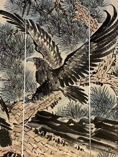 徐悲鸿纸本松鹰图八条屏通景 徐悲鸿纸本松鹰图八条屏通景