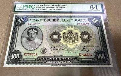 【Blue Auction】✨世界纸币精拍第233期 ——BattleShip - 卢森堡 1934年100法郎 女大公 美钞公司出品 PMG64 背面大场景 精美大票幅