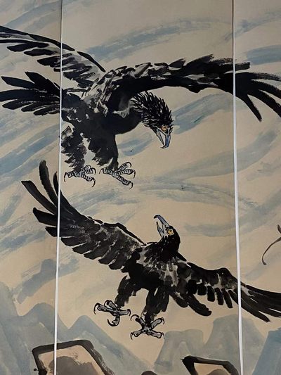 徐悲鸿纸本松鹰图八条屏通景 徐悲鸿纸本松鹰图八条屏通景