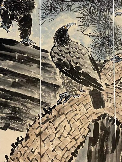 徐悲鸿纸本松鹰图八条屏通景 徐悲鸿纸本松鹰图八条屏通景