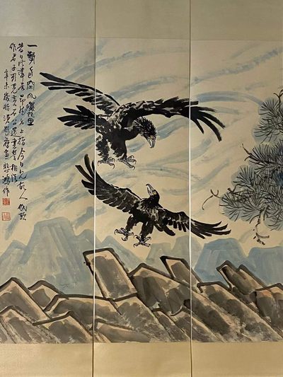 徐悲鸿纸本松鹰图八条屏通景 徐悲鸿纸本松鹰图八条屏通景