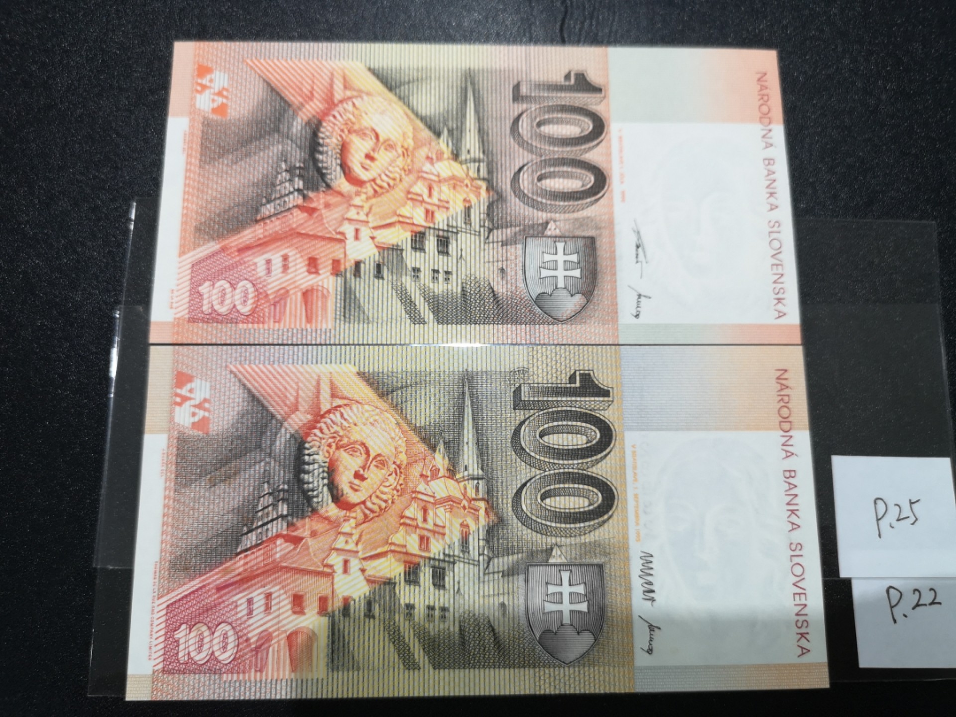 《外钞收藏家》第二百零七期（东欧三国裸钞专场） 斯洛伐克-1993年100克朗 托马斯·德纳罗有限公司版，唯一冠D和1999年100 克朗 德纳罗版，唯一冠L 全新两张