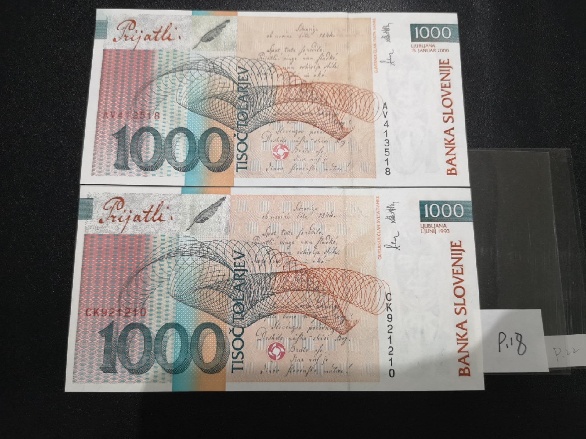 《外钞收藏家》第二百零七期（东欧三国裸钞专场） 斯洛文尼亚-1993和2000年 托拉尔两张 全新