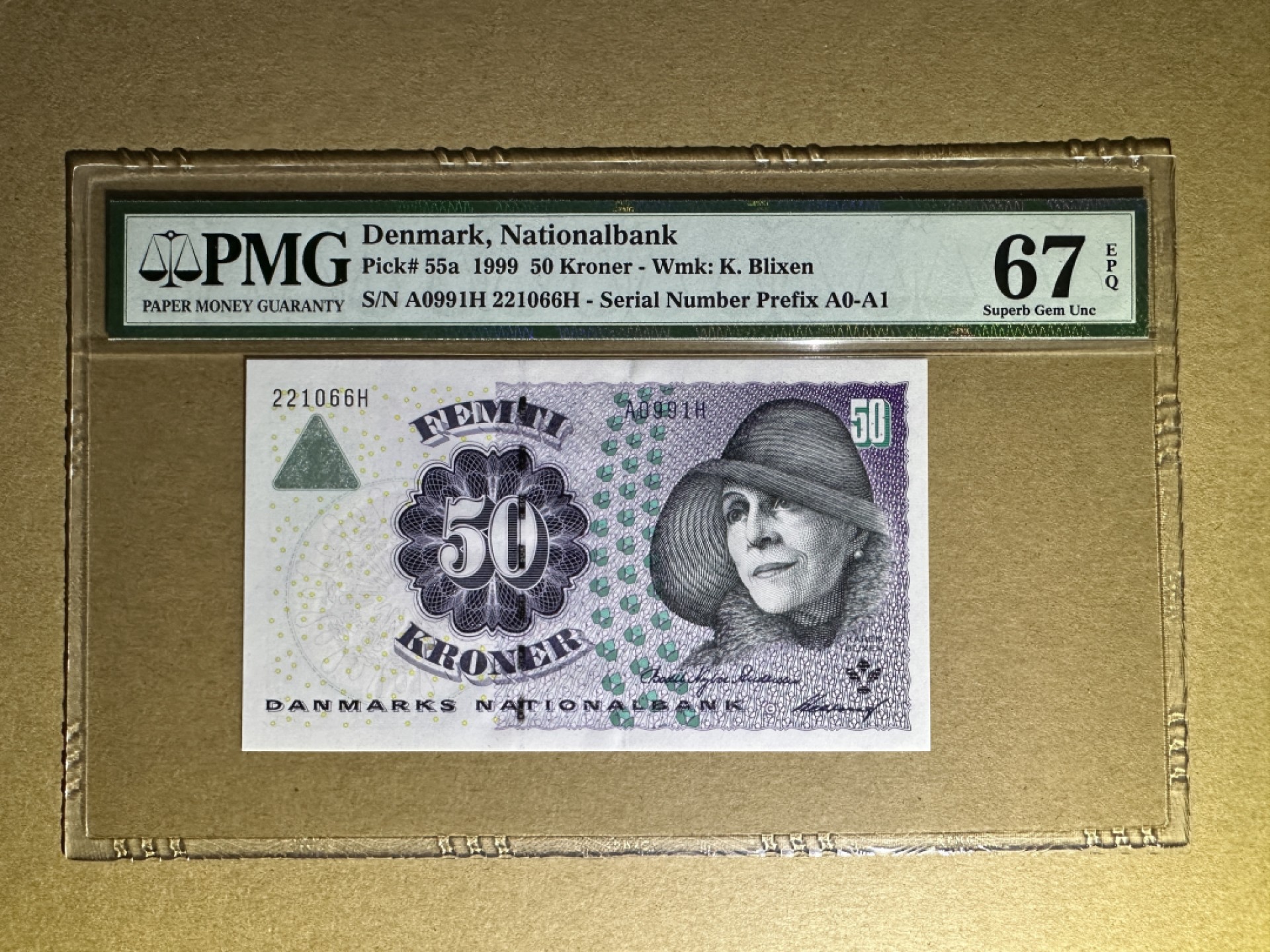 《张总收藏》75期——外币荟萃 丹麦50克朗 PMG67E 1999年A0冠初版