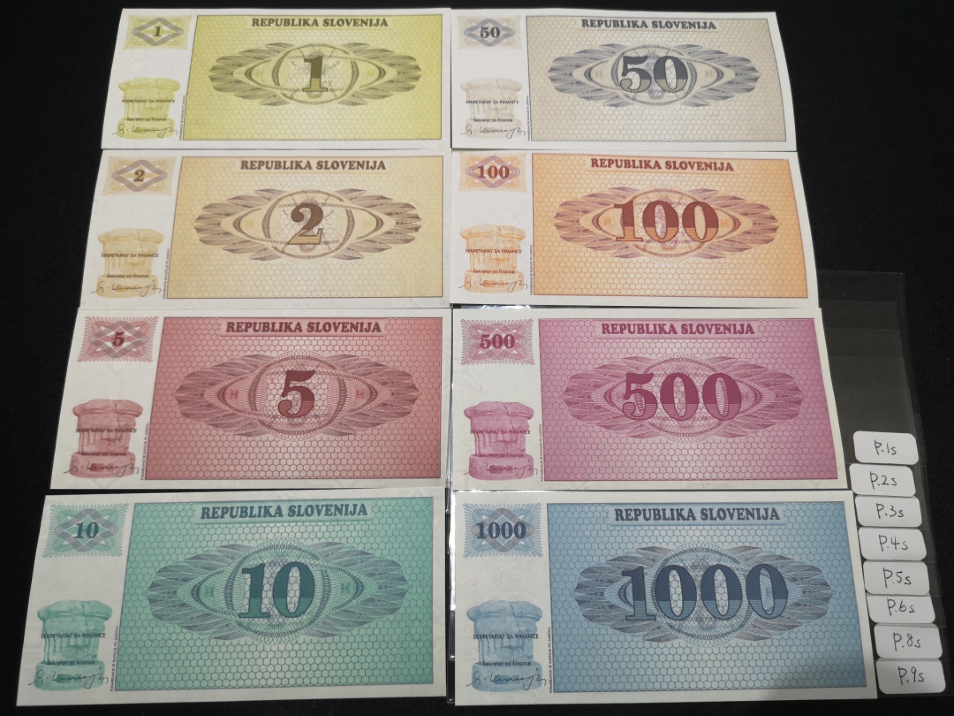 《外钞收藏家》第二百零七期（东欧三国裸钞专场） 斯洛文尼亚-1990-92年1-1000 8张一起 第一套纸币样本券大全套 全新