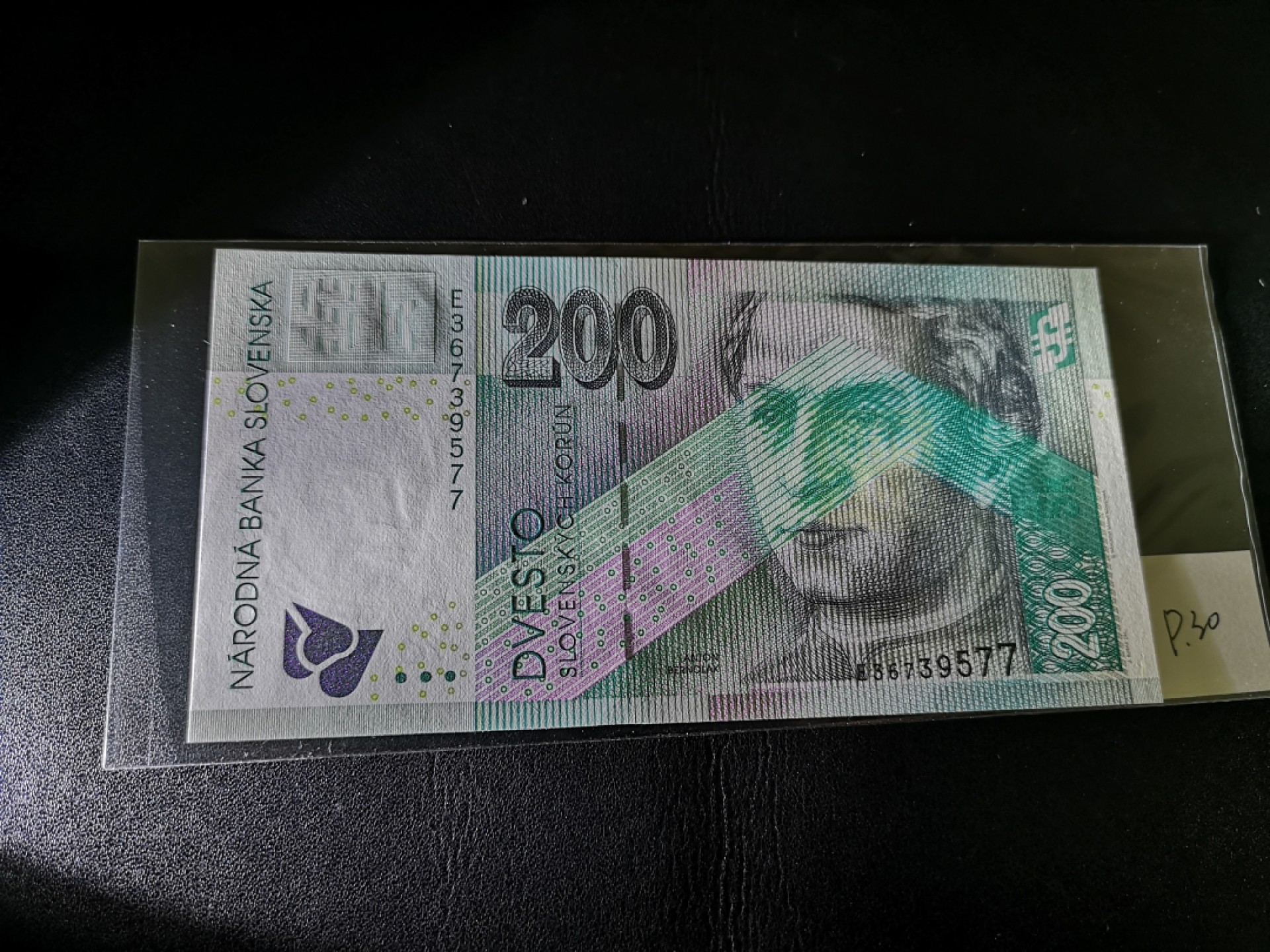 《外钞收藏家》第二百零七期（东欧三国裸钞专场） 斯洛伐克-1999-200 克朗 德国捷德公司印刷，带光变油墨图案，唯一冠E 全新