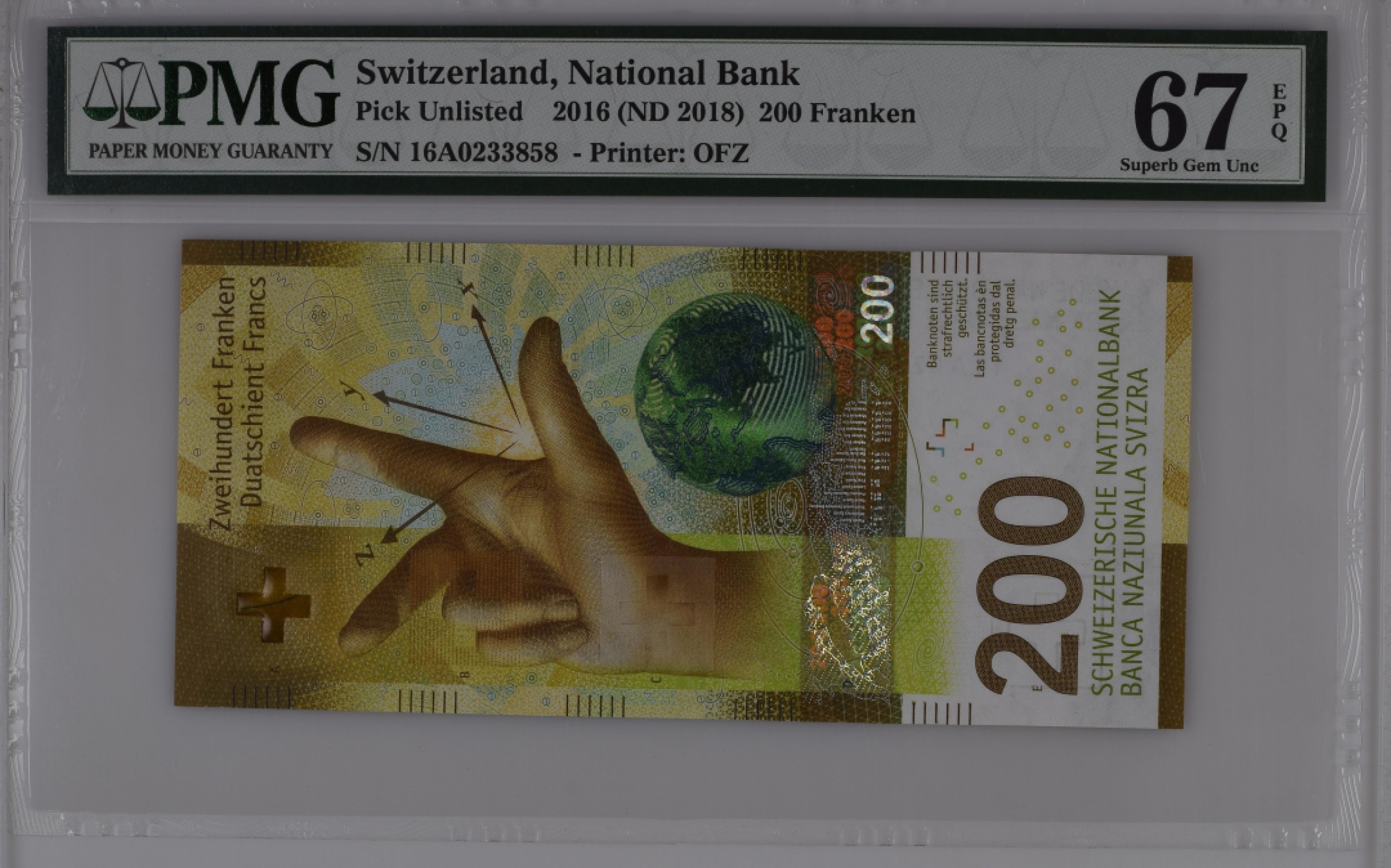 收藏联盟Quantum Auction 第197期拍卖 (已更新) 瑞士2016年200法郎 PMG67 首发年首发A冠  次高面值 主题为科学与物质 背面是粒子对撞机和粒子对撞瞬间