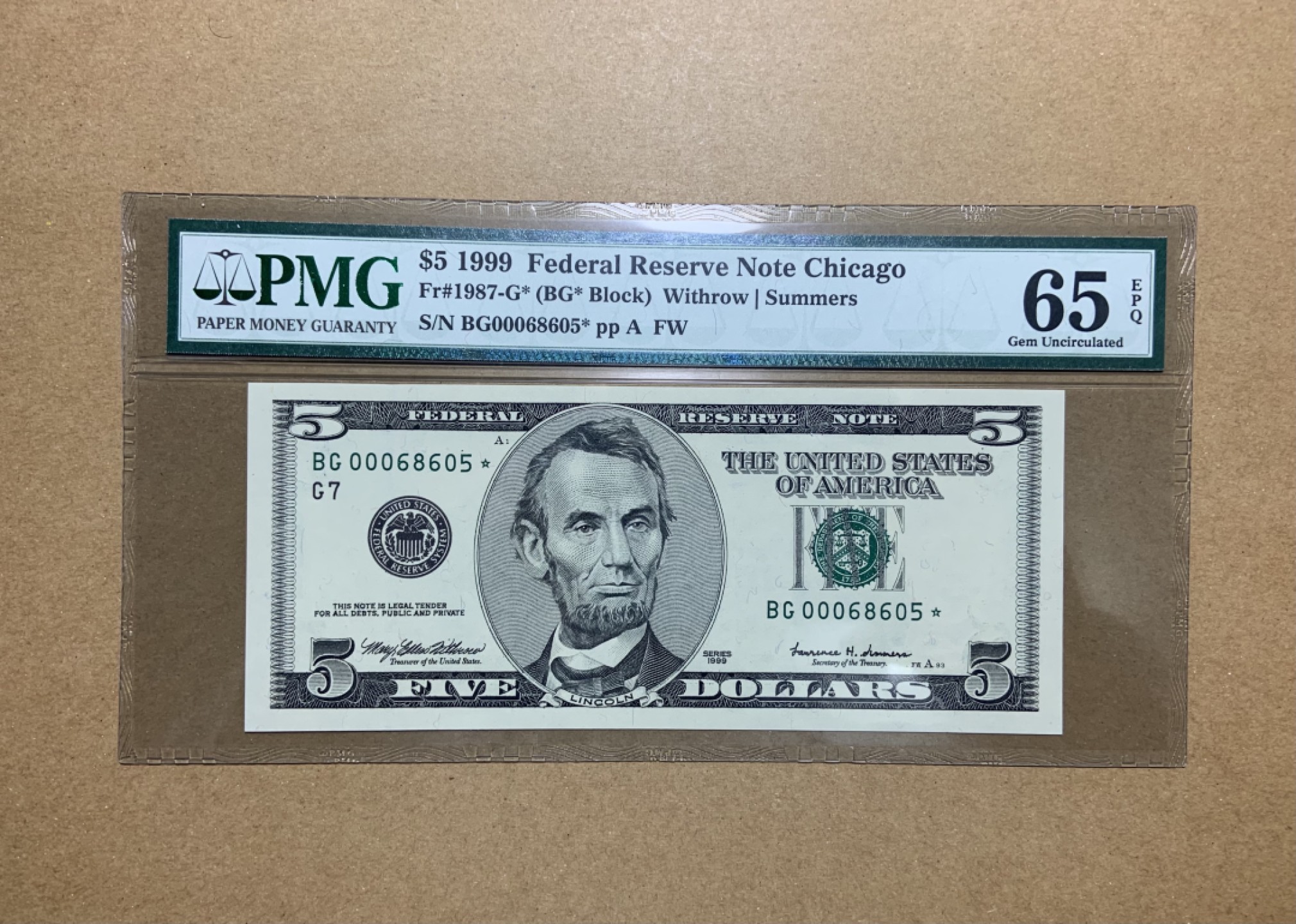 收藏联盟Quantum Auction 第197期拍卖 (已更新) 美国1999年联邦储备券5元 PMG65 星补号