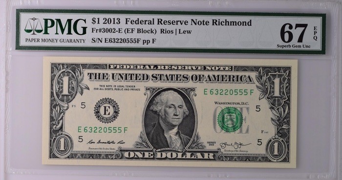 收藏联盟Quantum Auction 第197期拍卖 (已更新) 美国2013年联邦储备券1元 PMG67 豹子号555