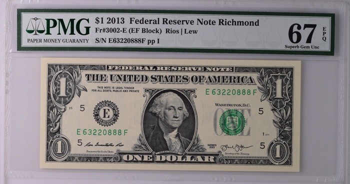 收藏联盟Quantum Auction 第197期拍卖 (已更新) 美国2013年联邦储备券1元 PMG67 豹子号888