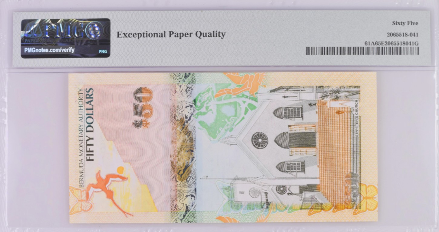 《张总收藏》75期——外币荟萃 百慕大50元A1冠PMG65E无47 UNC品相实物漂亮 2009年