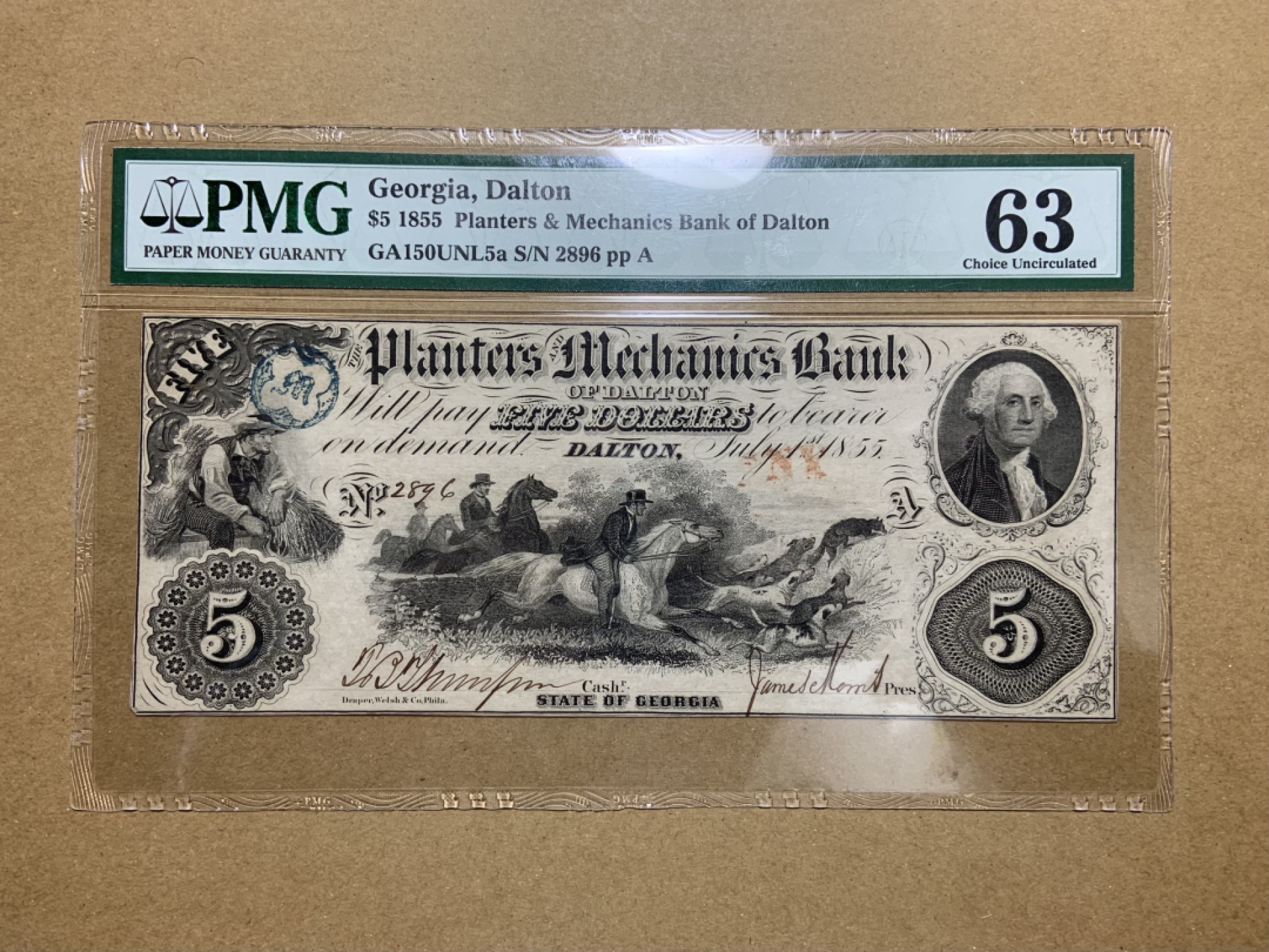 收藏联盟Quantum Auction 第197期拍卖 (已更新) 美国1855年佐治亚州戴尔顿5美元 PMG63 稀少手签实票 正面是少见的庄园主狩猎场景 