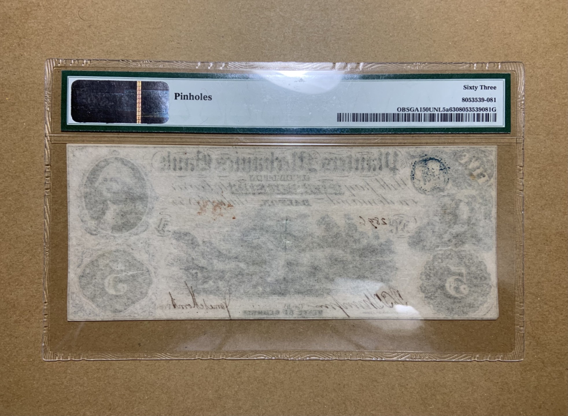 收藏联盟Quantum Auction 第197期拍卖 (已更新) 美国1855年佐治亚州戴尔顿5美元 PMG63 稀少手签实票 正面是少见的庄园主狩猎场景 