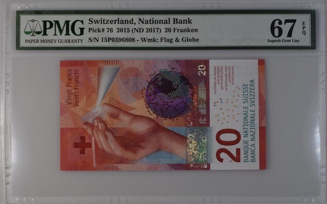 收藏联盟Quantum Auction 第197期拍卖 (已更新) 瑞士2015年20法郎 PMG67 首发年份 主题是光