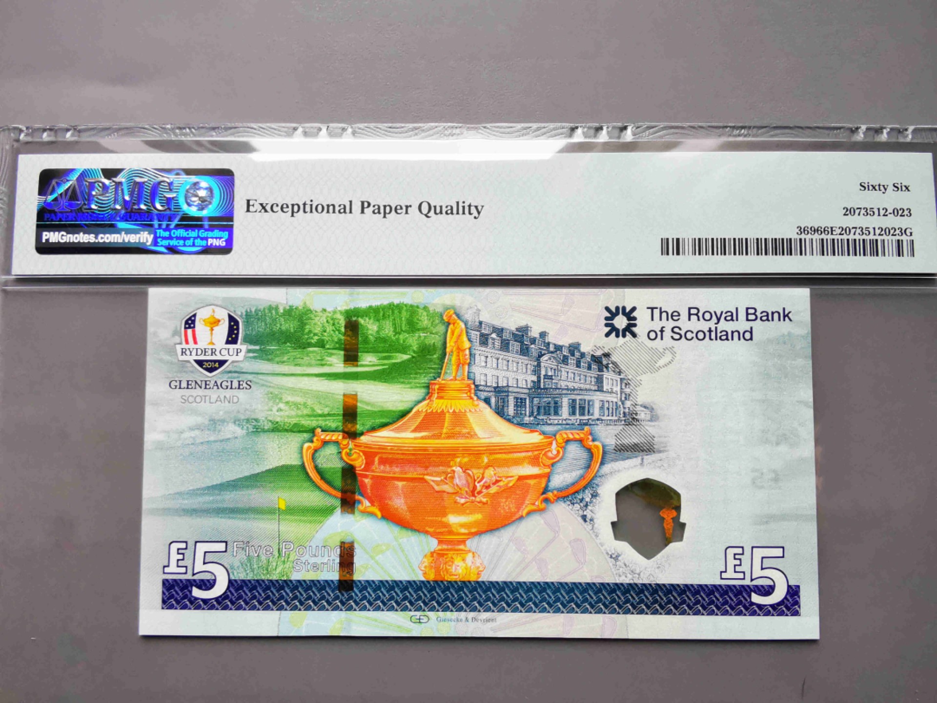 崇甫堂-PMG评级世界纸钞专场 2014年 英国苏格兰皇家银行莱德杯高尔夫球赛5英镑 小号码 PMG-66