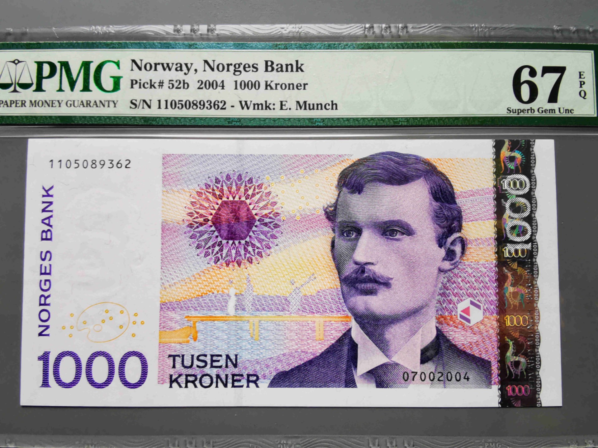 崇甫堂-PMG评级世界纸钞专场 2004年 挪威人物系列1000克朗 蒙克 最高值  PMG-67