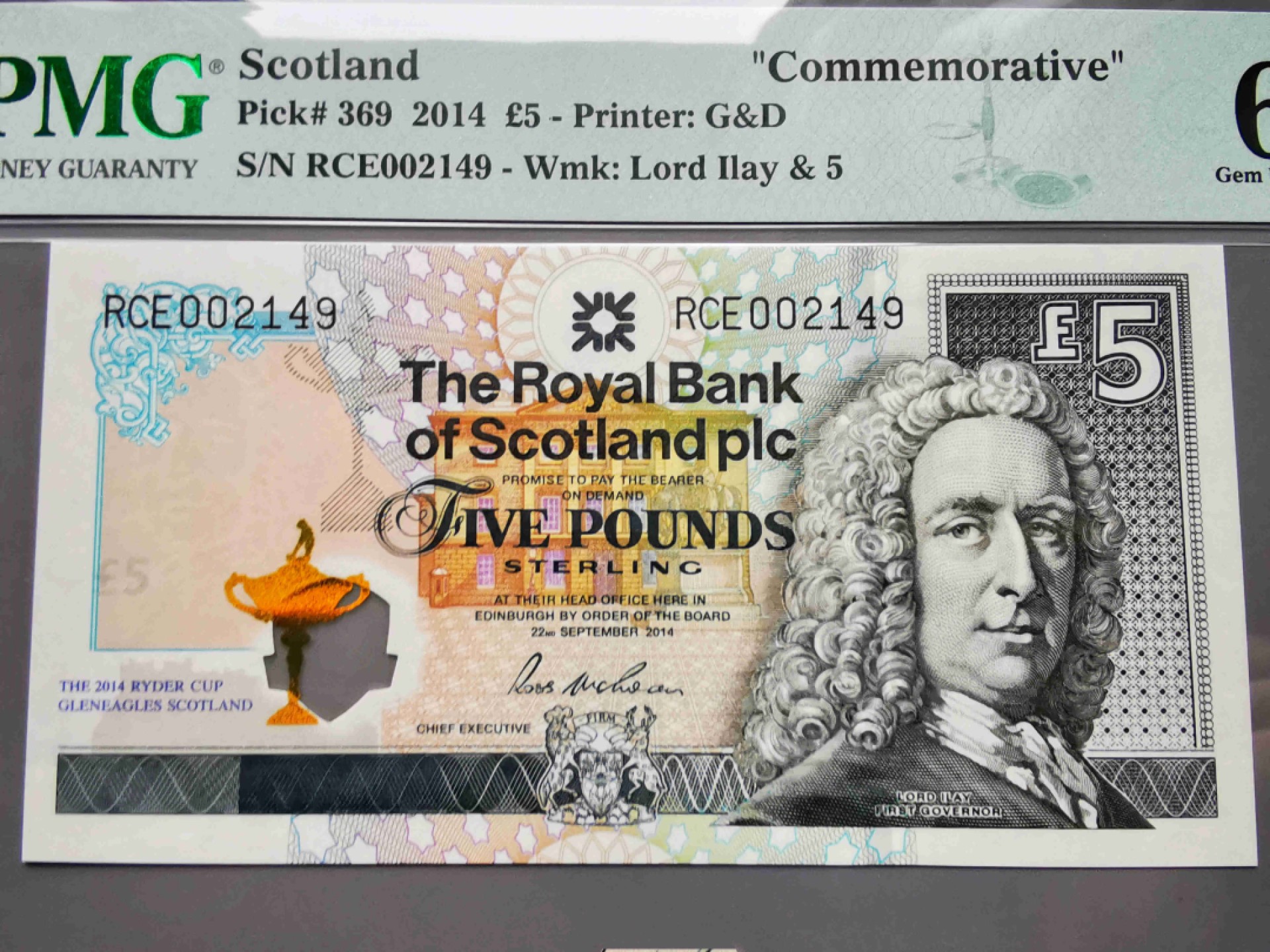 崇甫堂-PMG评级世界纸钞专场 2014年 英国苏格兰皇家银行莱德杯高尔夫球赛5英镑 小号码 PMG-66