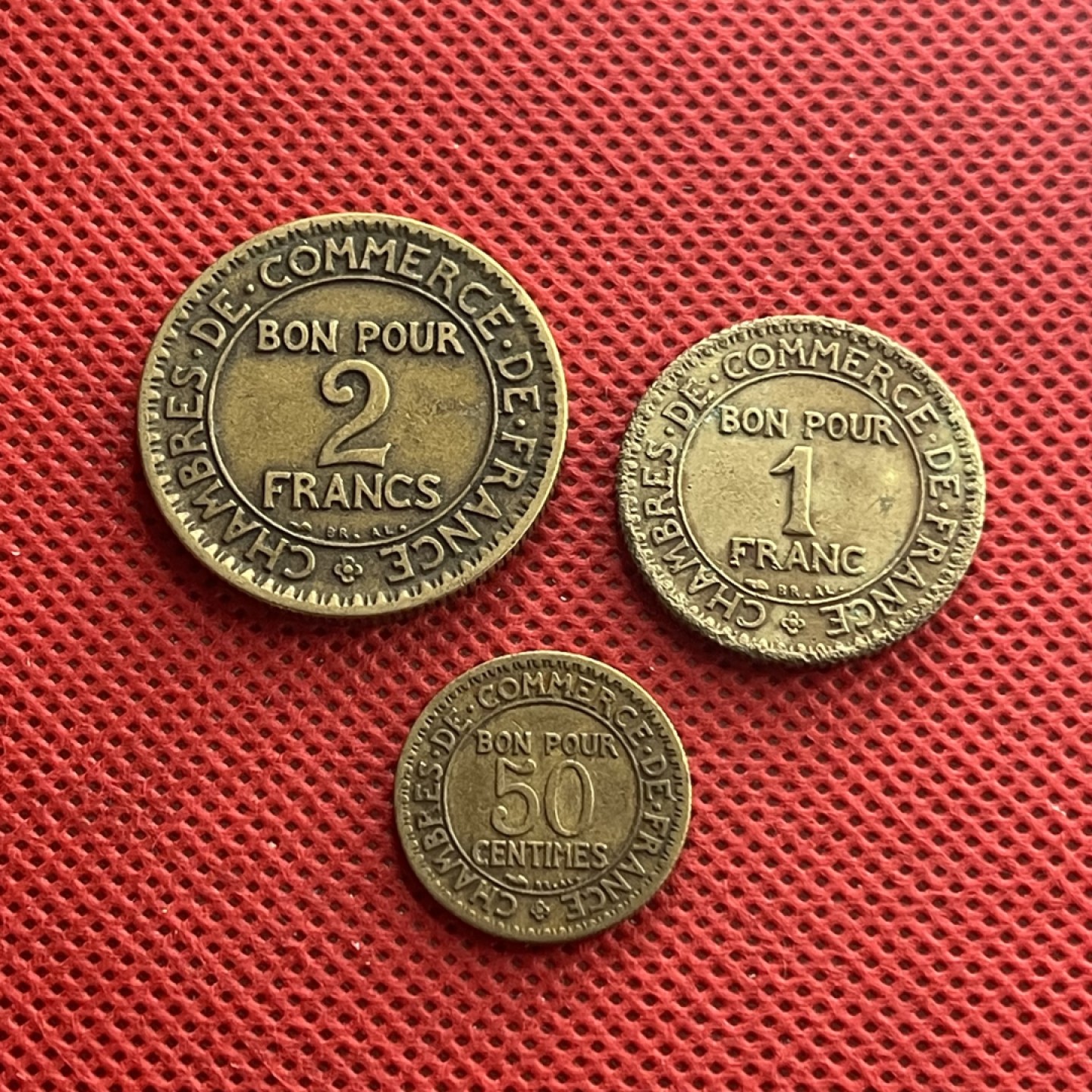 外国硬币0元起拍 法国1923年 商务部坐人50分1-2法郎3枚组 商业之神