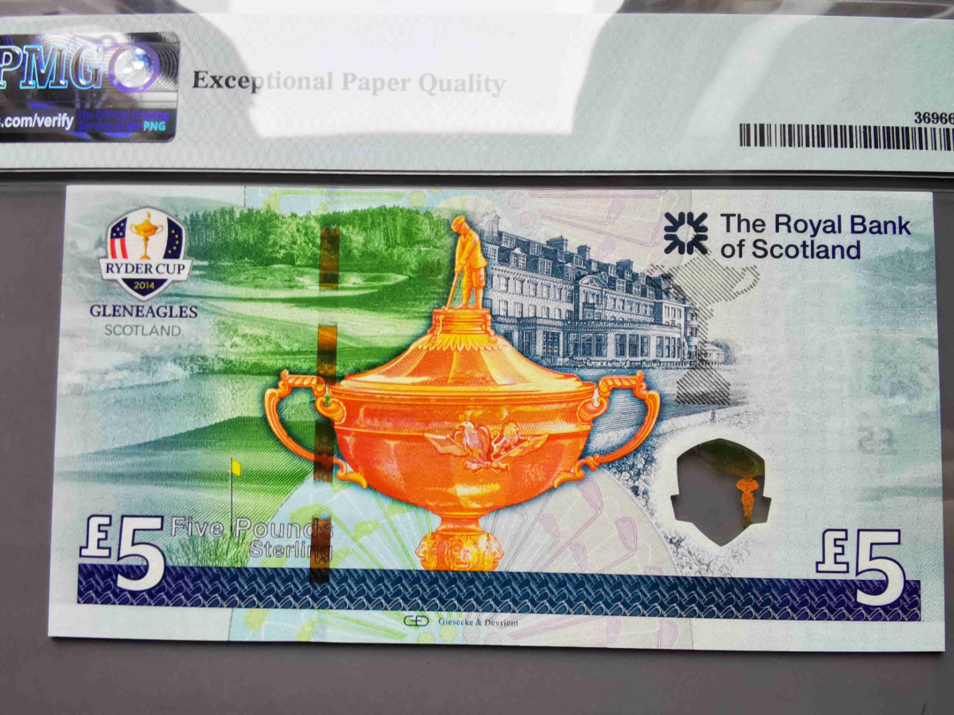 崇甫堂-PMG评级世界纸钞专场 2014年 英国苏格兰皇家银行莱德杯高尔夫球赛5英镑 小号码 PMG-66