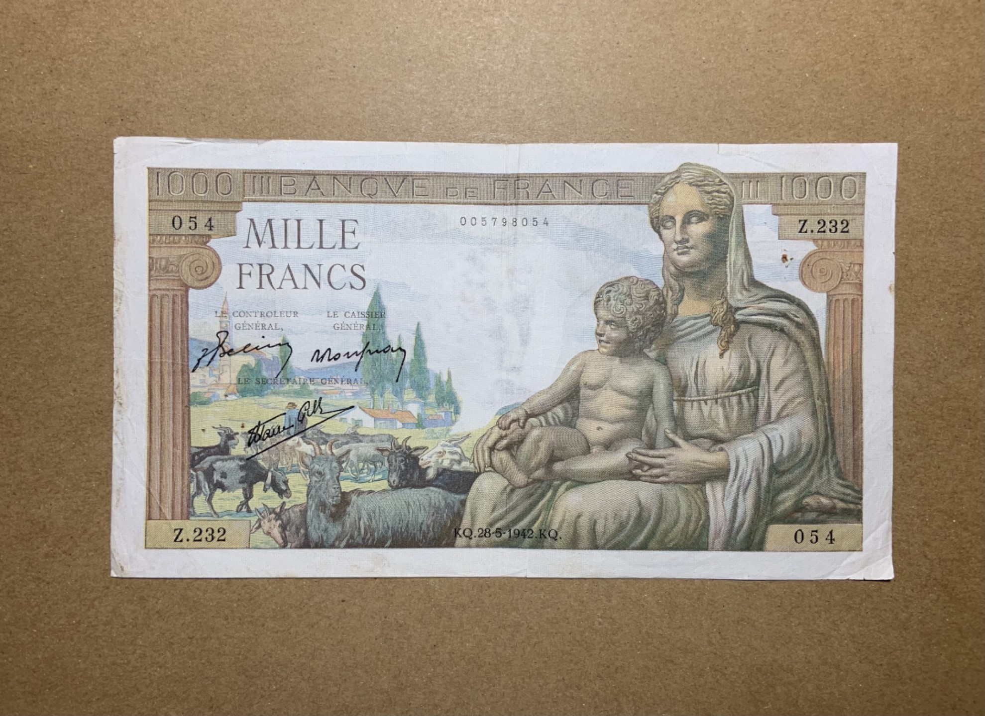 收藏联盟Quantum Auction 第197期拍卖 (已更新) 法国1942年1000法郎 非全新 品相如图 母子像和商业之神墨丘利