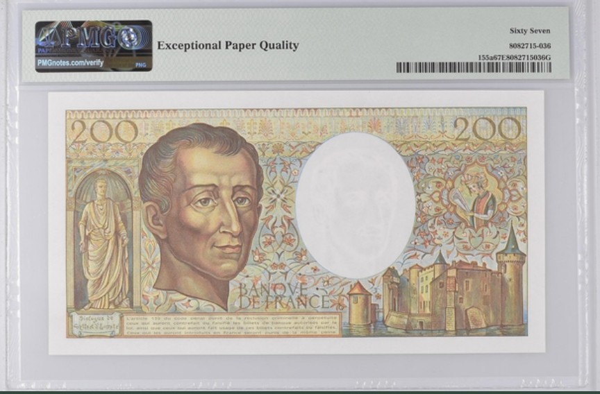 收藏联盟Quantum Auction 第198期拍卖 (已更新) 法国1983年200法郎 PMG67 初版早期年份 孟德斯鸠
