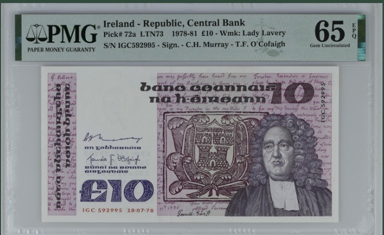 收藏联盟Quantum Auction 第198期拍卖 (已更新) 爱尔兰1978年10镑 PMG65  初版首发年份 稀少