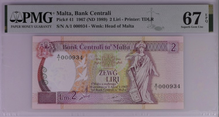 收藏联盟Quantum Auction 第198期拍卖 (已更新) 马耳他1989年2里拉 PMG67 首发年份首发冠百位号 