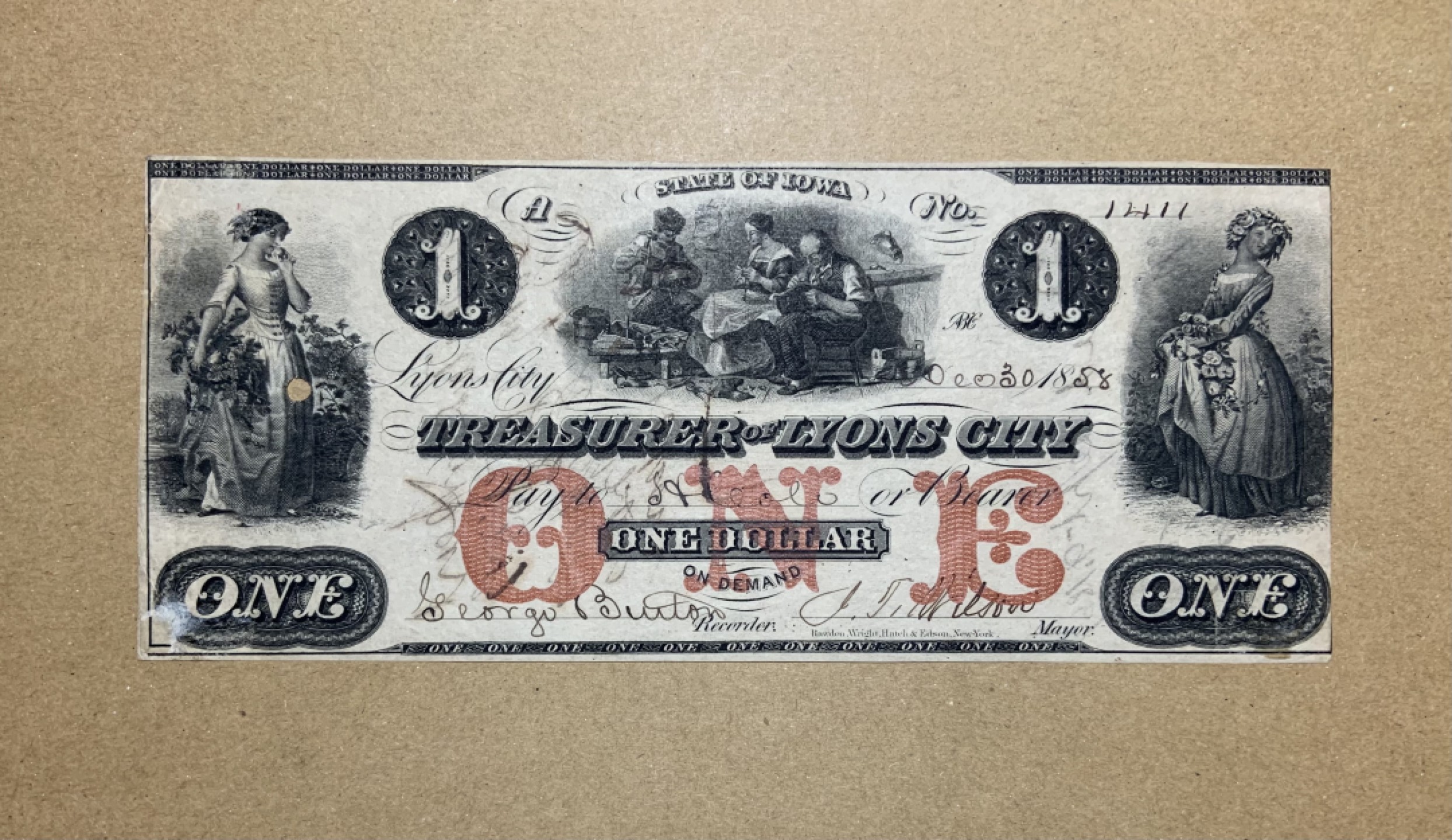 收藏联盟Quantum Auction 第198期拍卖 (已更新) 美国1858年俄亥俄州莱昂斯城市银行1元 品相UNC- 稀少手签实票有序列号