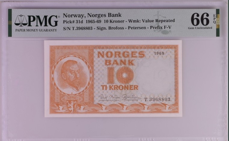 收藏联盟Quantum Auction 第198期拍卖 (已更新) 挪威1965-69年10克朗 PMG66