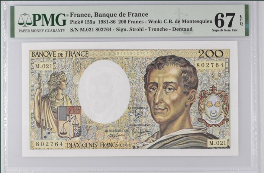 收藏联盟Quantum Auction 第198期拍卖 (已更新) 法国1983年200法郎 PMG67 初版早期年份 孟德斯鸠
