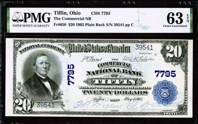 【Blue Auction】✨世界纸币精拍第234期——莫总专场V - 【少见品种】 美国 俄亥俄州 1902年20美金 PMG63EPQ 背面裸女、美国财政部和国会大厦 设计精美 大票幅原票 正面人物财政部长休·麦卡洛克