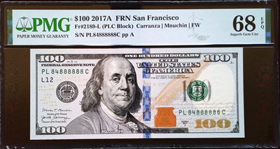 《家喻户晓》世界靓号纸钞第二期 - 美国100美元 数二全偶靓号大象号888888 高分PMG68