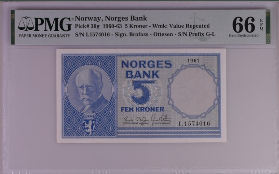 收藏联盟Quantum Auction 第198期拍卖 (已更新) 挪威1960-63年5克朗 PMG66