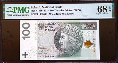 《家喻户晓》世界靓号纸钞第二期 - 波兰100兹罗提 超级靓号大象号1666666 倒置号 PMG68