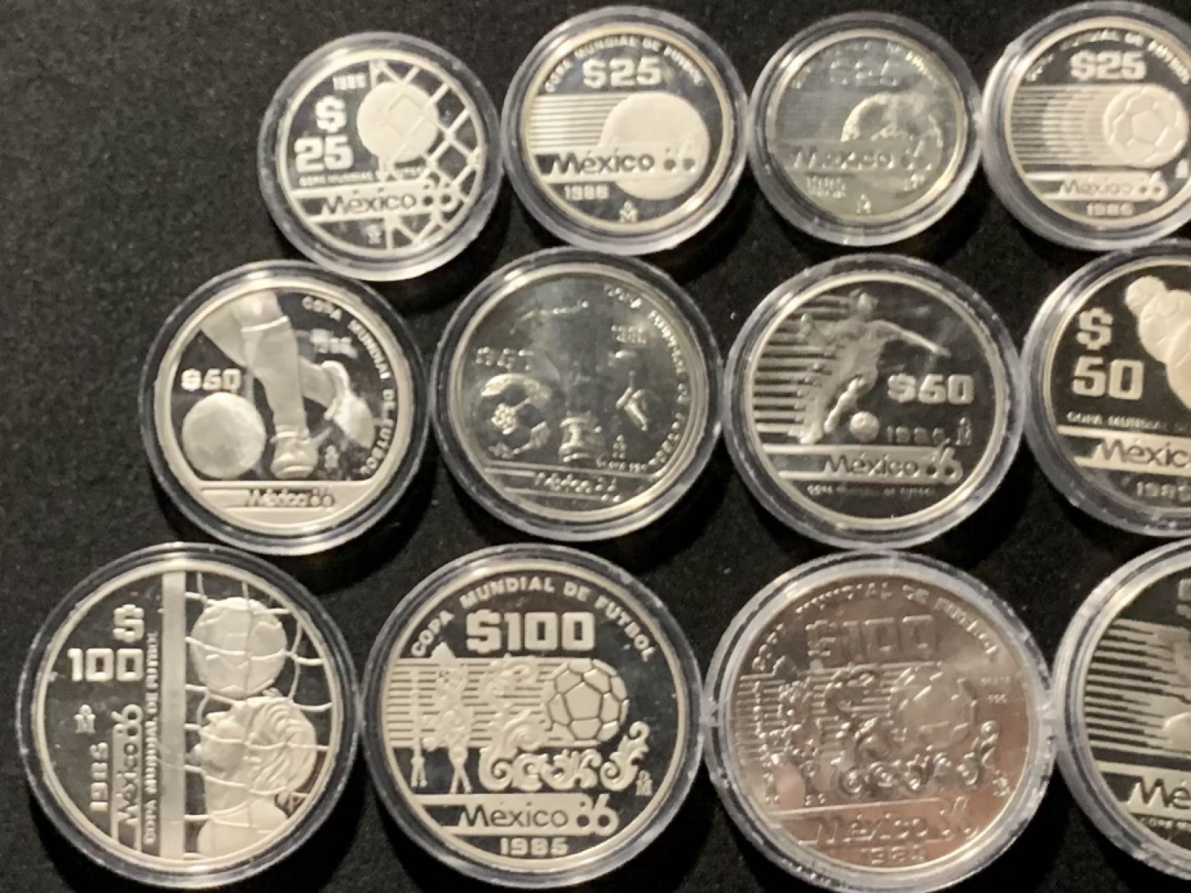 紫瑗钱币——第216期拍卖 墨西哥 1986年 墨西哥世界杯 25-50-100比索 全套15枚全 银币 大全套 少见
