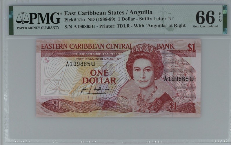 收藏联盟Quantum Auction 第198期拍卖 (已更新) 东加勒比/安圭拉1988-89年1元 PMG66 首发A冠(U是地名代码)