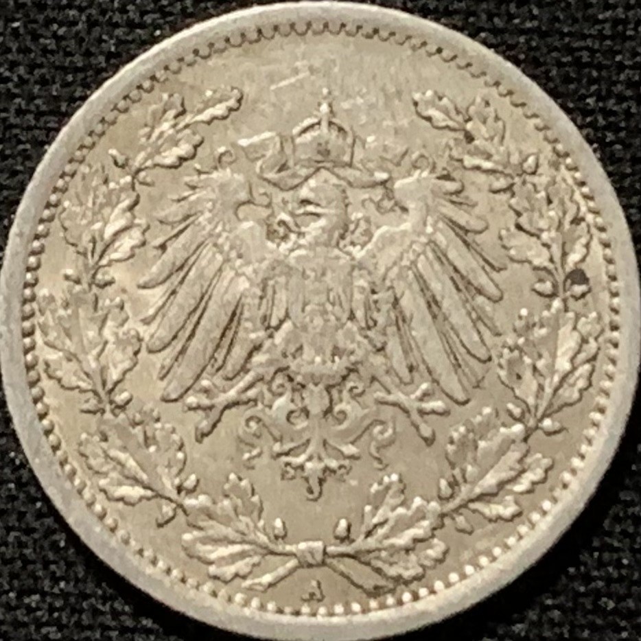 紫瑗钱币——第216期拍卖 德国 1914年 A版 第二帝国 1/2马克 2.77克 0.9银 