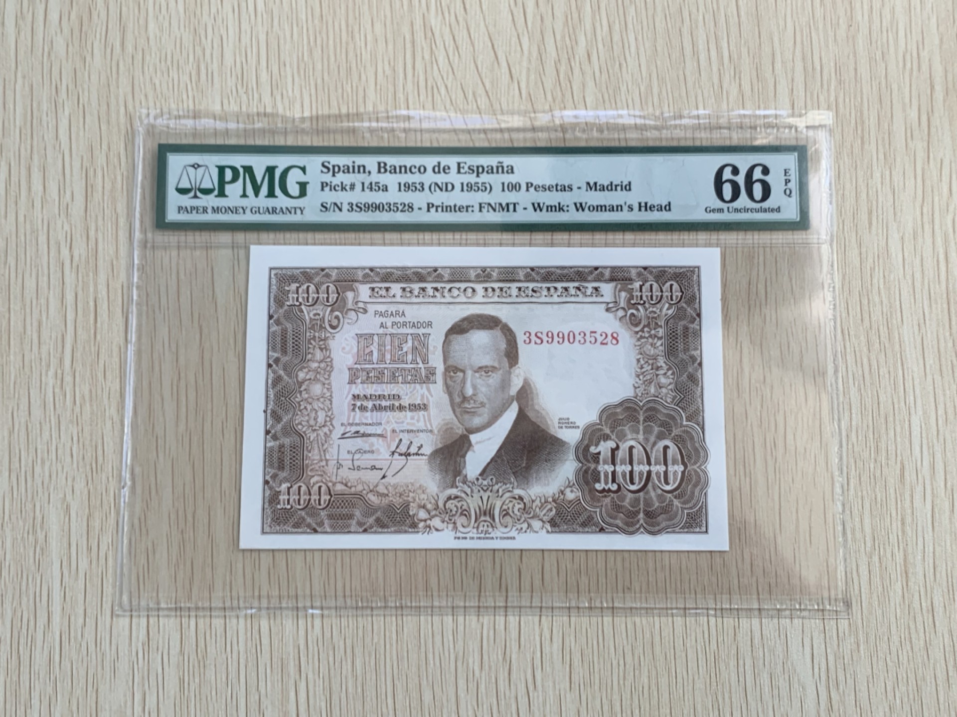 【Blue Auction】✨世界纸币精拍第235期【精】 【无47】西班牙 1953年100比塞塔 PMG66EPQ 