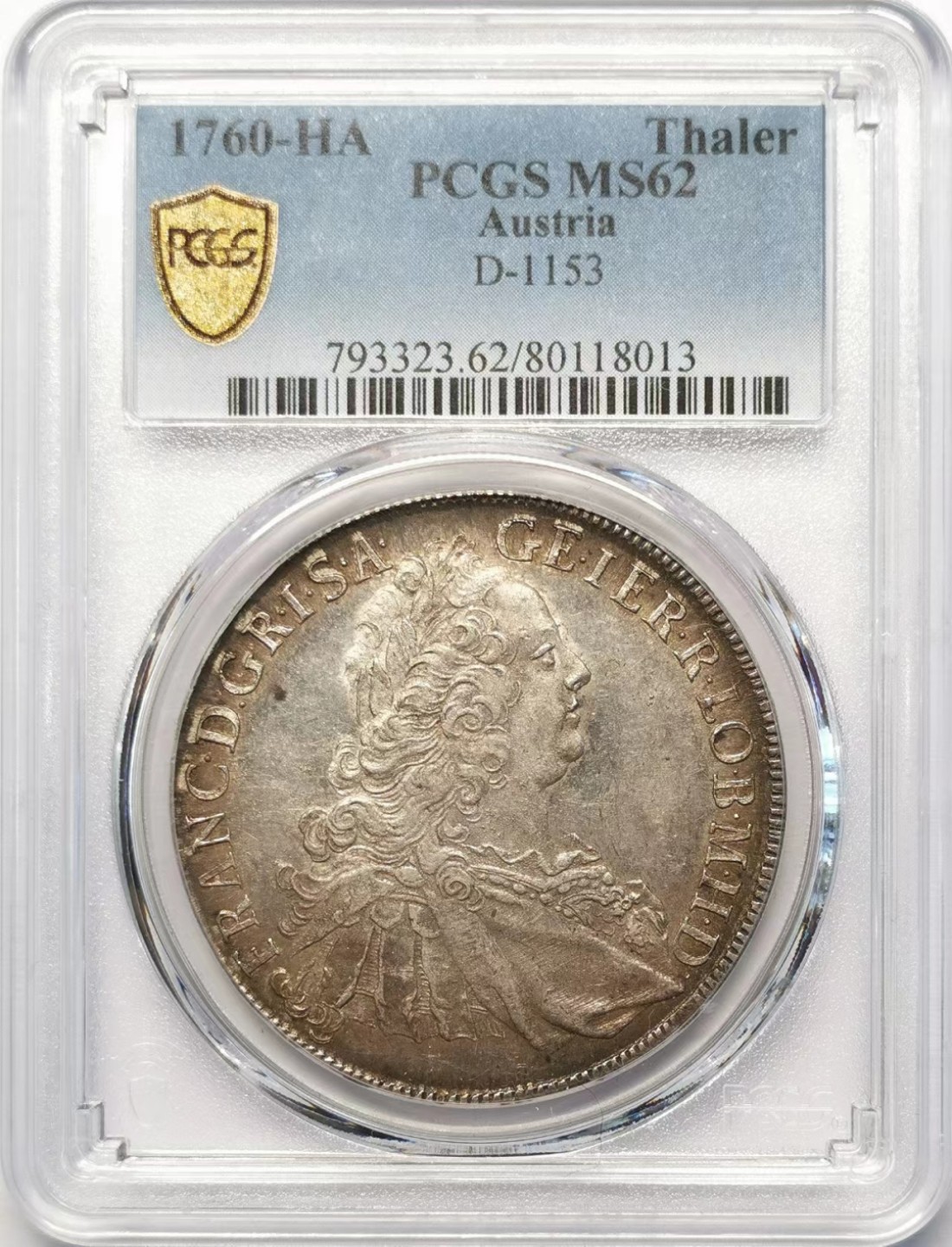 凡希社世界钱币微拍第二百十五期——德奥专场 1760神罗佛朗茨一世泰勒大银PCGS-MS62淡彩黄光！
