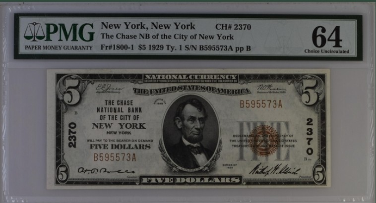 收藏联盟Quantum Auction 第198期拍卖 (已更新) 美国1929年国民券(纽约大通国民银行)5元  PMG64 特殊时期发行 稀少