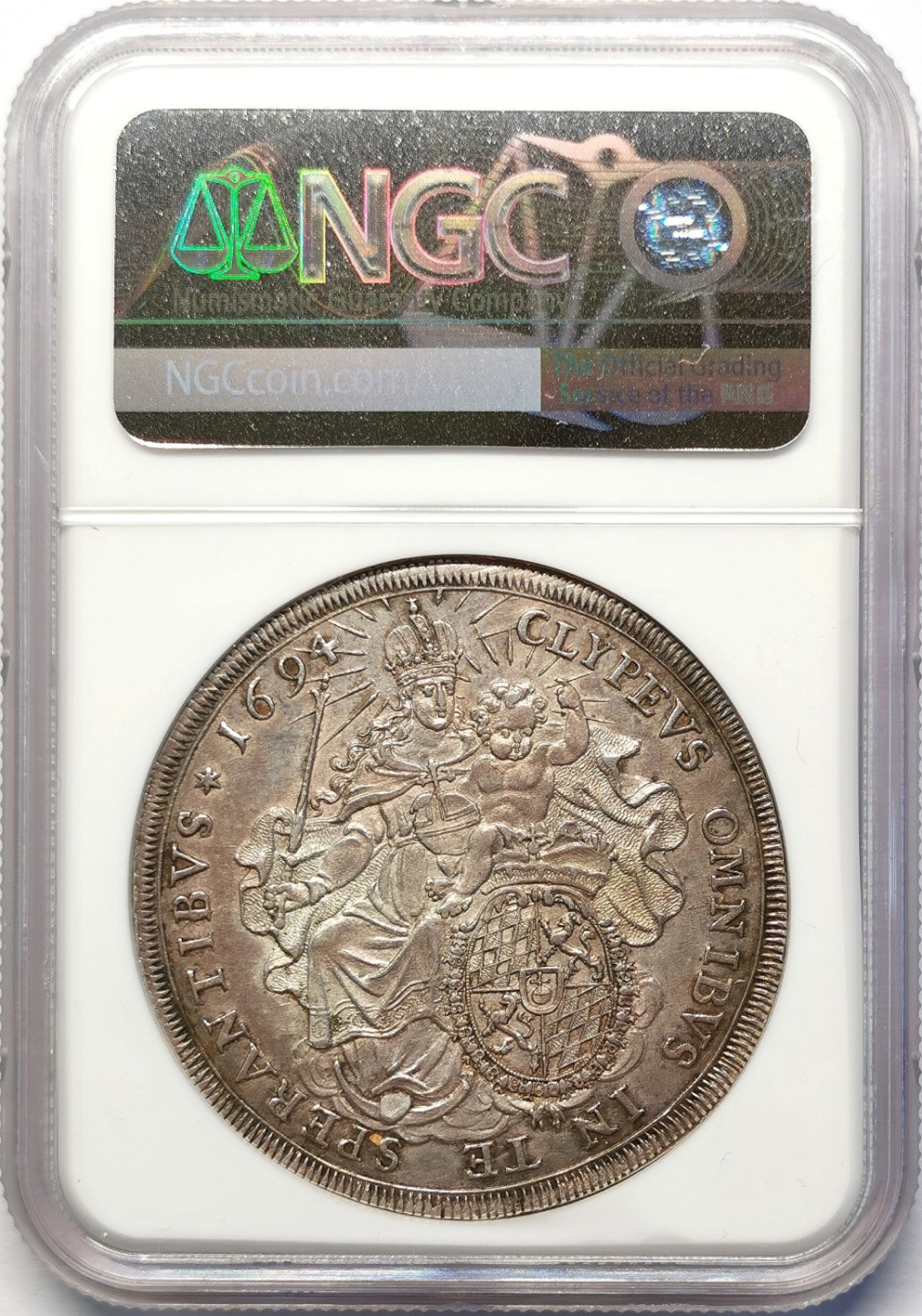 凡希社世界钱币微拍第二百十五期——德奥专场 荐！1694巴伐利亚选侯国马克西米利安二世圣母子泰勒NGC-MS62浅金包浆！