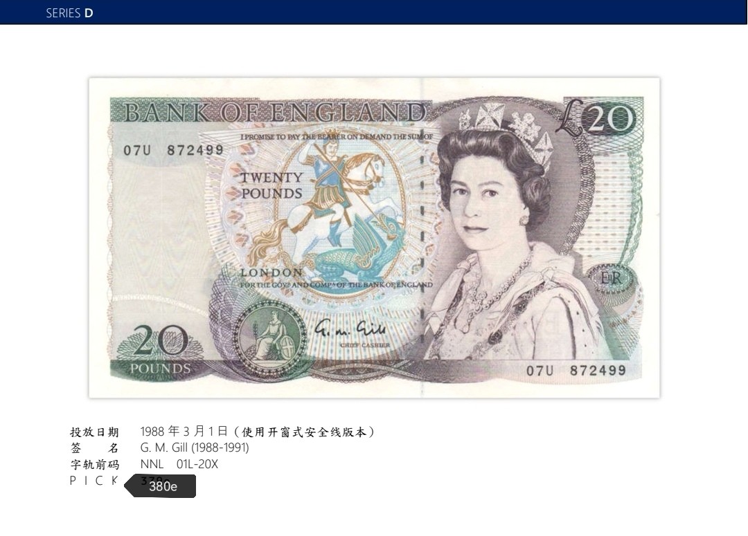 《张总收藏》75期——外币荟萃 英国D序列莎士比亚水印的关门冠号20X很少见20镑PMG66E无47靓号 1988-91年