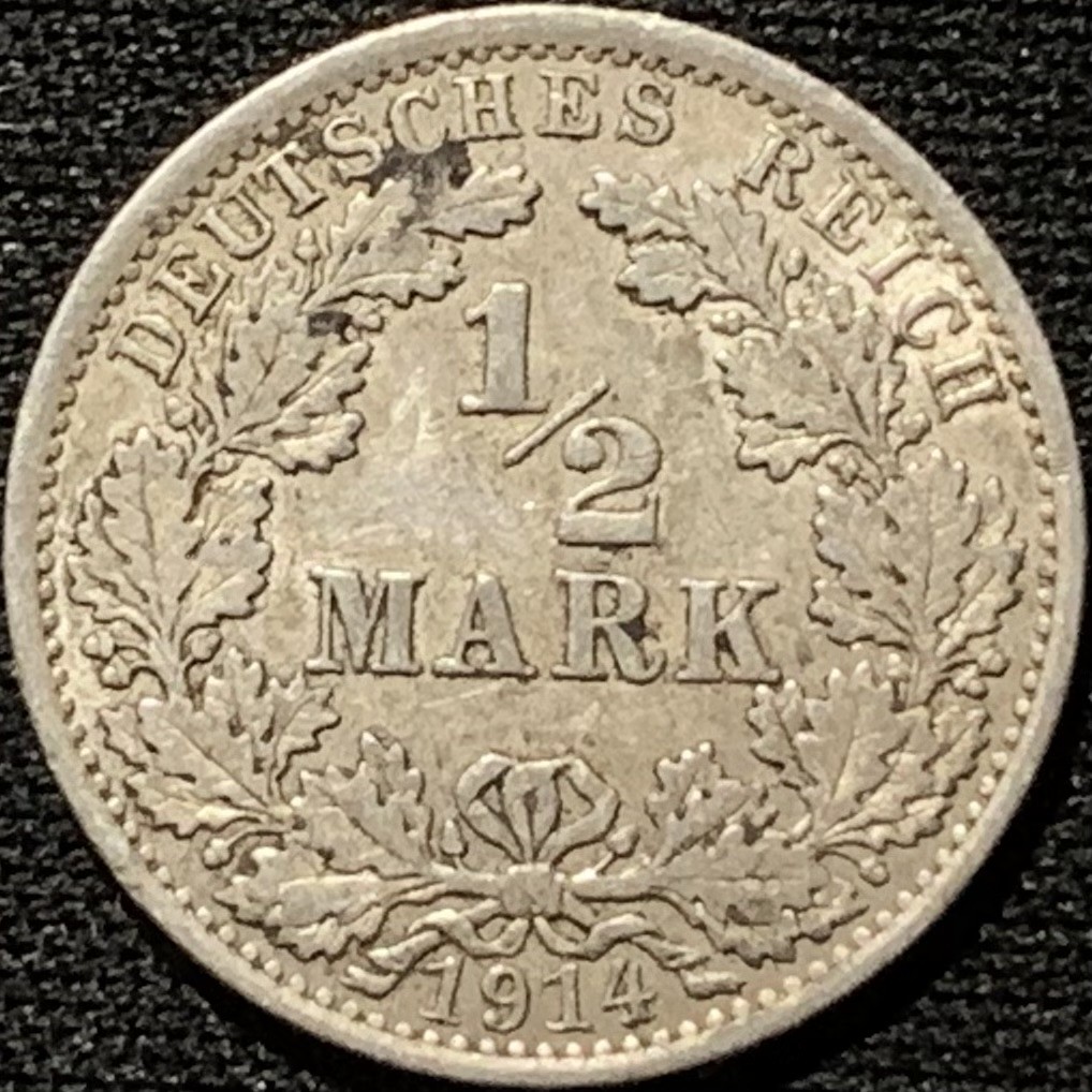 紫瑗钱币——第216期拍卖 德国 1914年 A版 第二帝国 1/2马克 2.77克 0.9银 