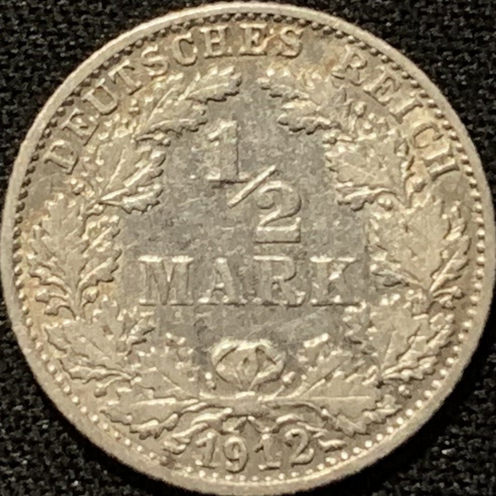 紫瑗钱币——第216期拍卖 德国 1912年 F版 第二帝国 1/2马克 2.77克 0.9银