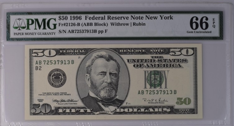 收藏联盟Quantum Auction 第198期拍卖 (已更新) 美国1996年联邦储备券50元 PMG66 号码不带4