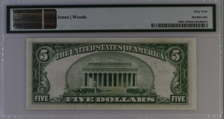 收藏联盟Quantum Auction 第198期拍卖 (已更新) 美国1929年国民券(纽约大通国民银行)5元  PMG64 特殊时期发行 稀少