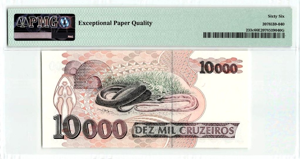 【Blue Auction】✨世界纸币精拍第235期【精】 【AA冠】巴西 1993年10000克鲁塞罗 PMG66EPQ 毒蛇 